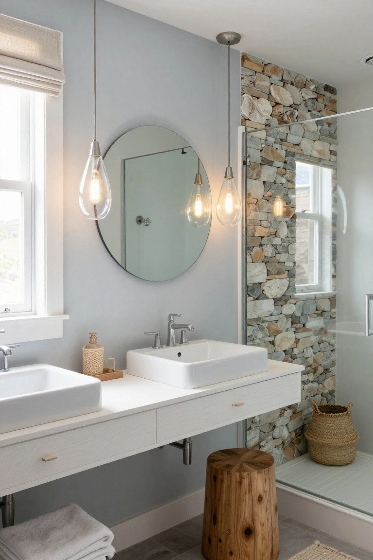 Modern bathroom with floating white double vanity, two teardrop pendant lights with exposed bulbs hanging above, round mirror, stone accent wall behind glass shower, wood stump stool, woven basket, and neutral walls.