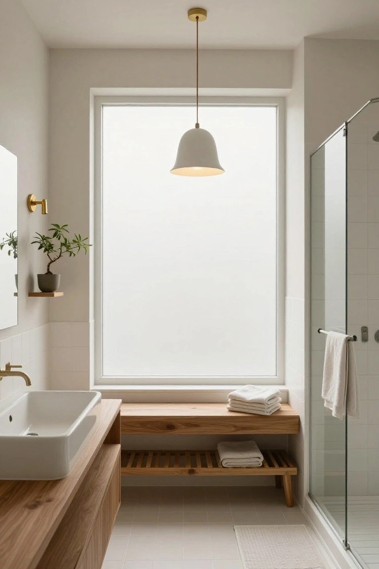 Modern bathroom interior featuring a white rectangular sink on a wooden vanity, wooden bench with folded towels, glass shower enclosure, large frosted window, potted plant on shelf, gold fixtures, and a single white bell-shaped pendant light hanging centrally over the sink.