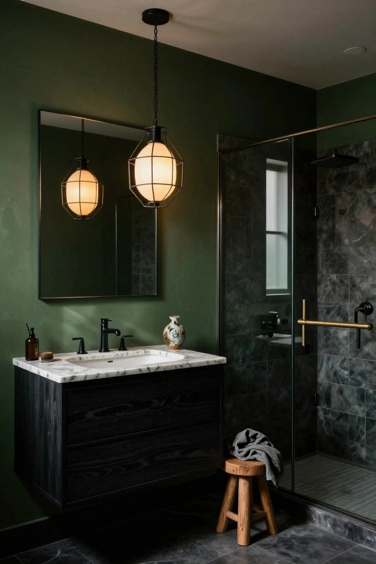 A bathroom interior featuring green walls, a black wood vanity with white marble sink, two hanging wireframe pendant lights, a glass shower enclosure with dark marble tiles, and a wooden stool nearby.