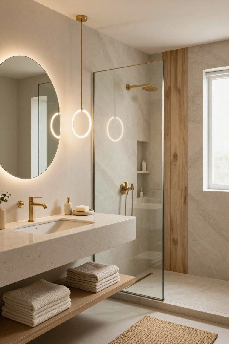 Modern bathroom with floating white vanity, arched backlit mirror, glass shower enclosure with vertical wood slats, gold faucet and showerhead, stacked towels on wood shelf, and two illuminated ring pendants suspended from ceiling over shower.