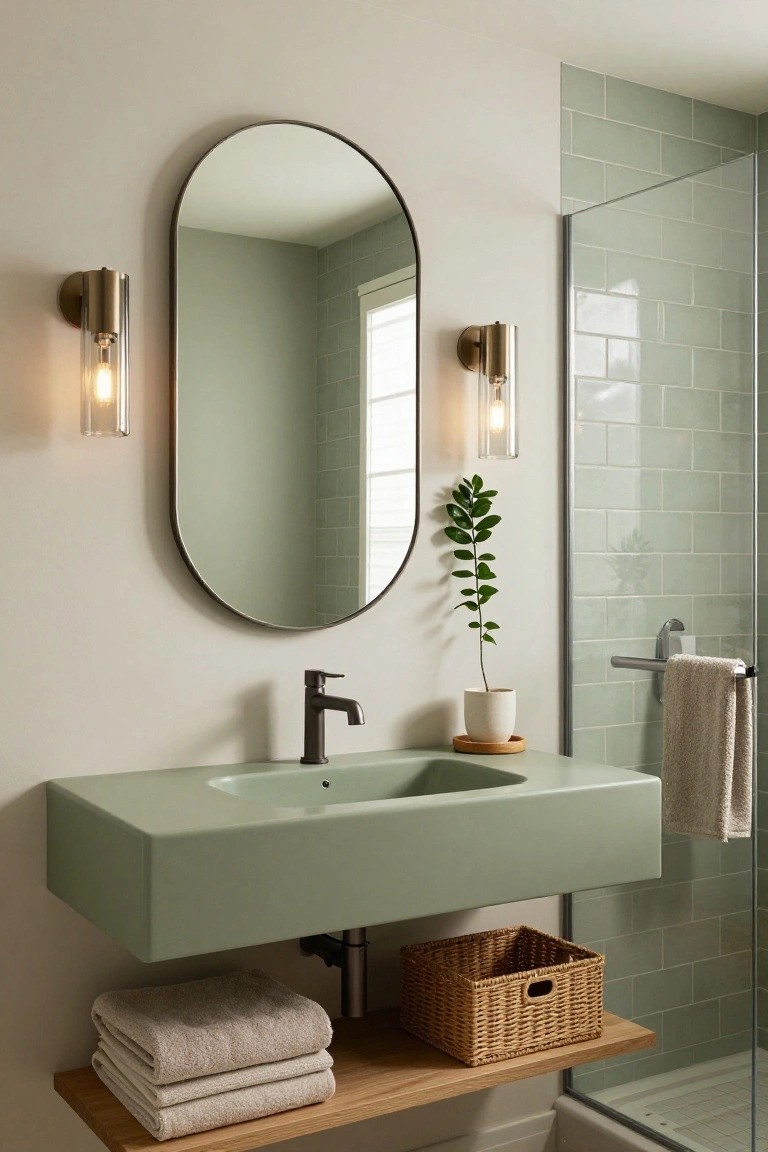 Modern bathroom with sage green floating vanity and matte black faucet under an oval brass-framed mirror flanked by two brass wall sconces featuring elongated glass shades and lit bulbs, green subway tile shower enclosure, wooden shelf with towels and basket, and potted plant.