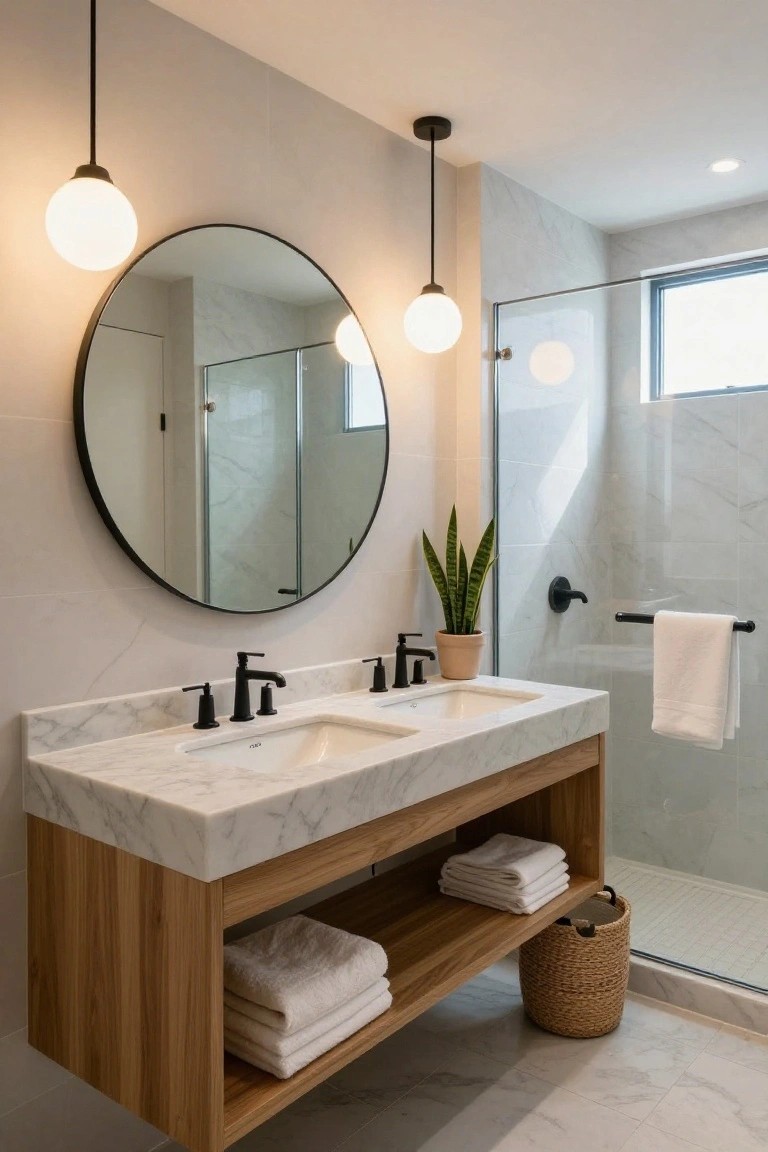 Modern bathroom with floating wooden vanity, white marble countertop, double undermount sinks, black faucets, large round black-framed mirror, two white globe pendant lights, potted snake plant, towel rack, woven basket, and glass shower enclosure.