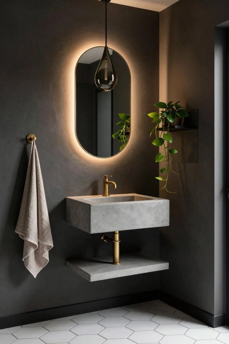 Modern bathroom corner featuring gray concrete floating sink with gold faucet, beige towel on gold hook, oval backlit mirror with smoked glass teardrop pendant light above, trailing green plant on shelf, dark textured walls, and white hexagonal floor tiles.