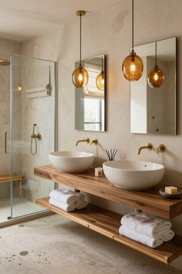 Modern bathroom with floating walnut wood vanity holding two white vessel sinks, brass wall-mounted faucets, glass shower enclosure, beige textured walls and floors, folded towels on open shelves, and multiple hanging amber glass pendant lights.