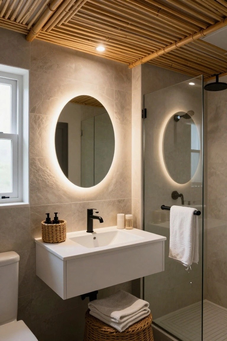 Small modern bathroom with bamboo pole ceiling, oval backlit mirror, wall-mounted white sink, black faucet, glass shower enclosure, toilet, and woven storage baskets.