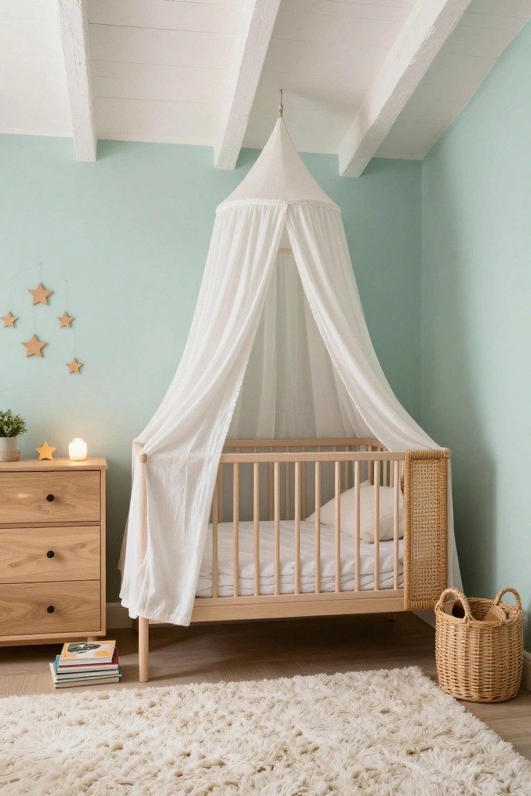 Mint green nursery room with white canopy over wooden crib with rattan panel, wooden dresser with lamp and books, hanging wooden stars, potted plant, woven basket, and white shag rug on wood floor under white beamed ceiling.