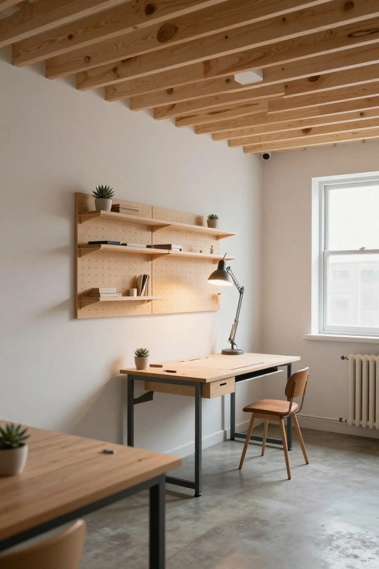 Interior room with exposed wooden beam ceiling, wall-mounted pegboard shelves holding books and plants, wooden desk with drawer and chair, desk lamp, potted plants, and polished concrete floor.