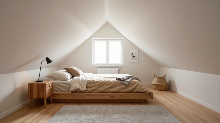 Small bedroom with white sloped ceiling, low wooden bed with beige linens, black wall lamp, abstract wall art, window, radiator, basket, and light wood floors under gray rug.