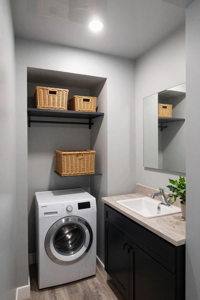 Compact laundry room with white front-loading washer, black cabinetry under light gray countertop sink, wicker baskets on black wall shelves, full-length mirror, potted plant, glossy ceiling, and recessed overhead light.