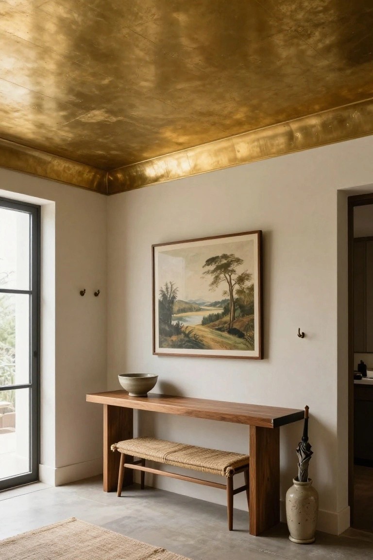 Room interior featuring a shiny gold metallic ceiling, wooden console table with ceramic bowl, rattan bench, landscape painting in wood frame on beige wall, coat hooks, glass door to outdoors, and potted plant.