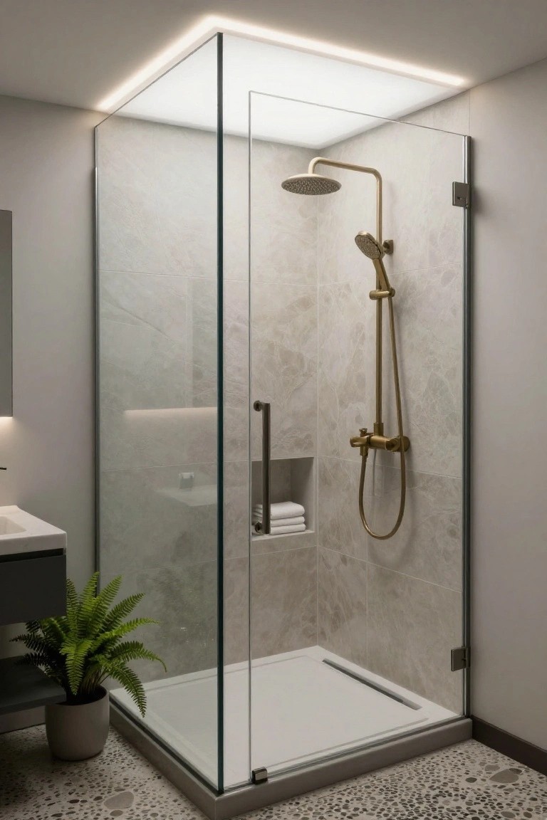 Modern corner glass shower enclosure in a bathroom with gold showerhead and controls, marble-patterned walls, white shower tray, nearby sink and potted fern, pebble floor, and LED strip lighting along the ceiling edge.