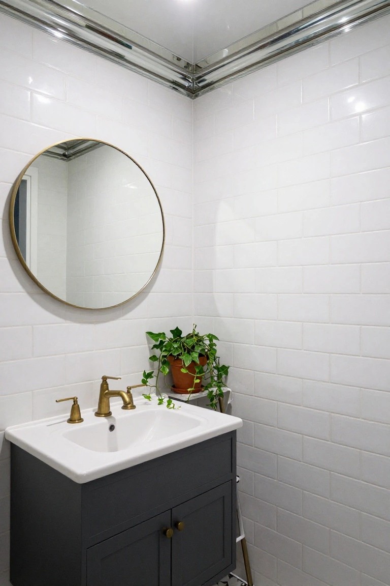 Small bathroom corner with dark wood vanity, white sink, gold faucet and handles, round gold-framed mirror, potted ivy plant, white subway tile walls, and polished chrome ceiling trim with integrated lighting.