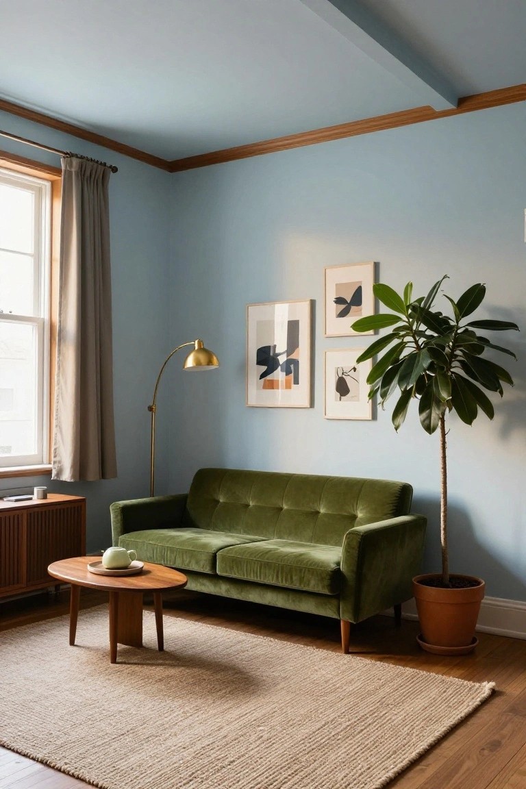 Small living room with pale blue ceiling and wood trim, green velvet sofa, oval wood coffee table holding a teapot, tall potted plant in terracotta pot, gold arc lamp, three abstract art prints on wall, credenza, and beige seagrass rug on hardwood floor.