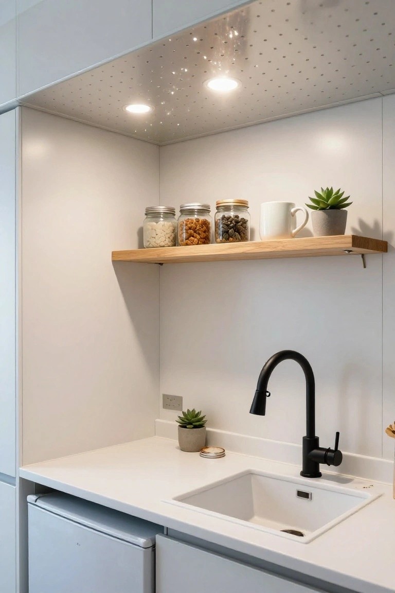 Compact white kitchen corner with undercounter fridge, black gooseneck faucet over white sink, oak wall shelf with glass jars of nuts and beans plus plants, and perforated metallic ceiling with recessed light and starry perforations.