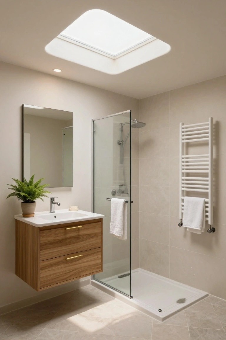 Small modern bathroom featuring a large recessed skylight in the ceiling, frameless glass shower enclosure, floating wooden vanity with sink, slim mirror, white towel radiator, and potted green plant on beige tiled floor.