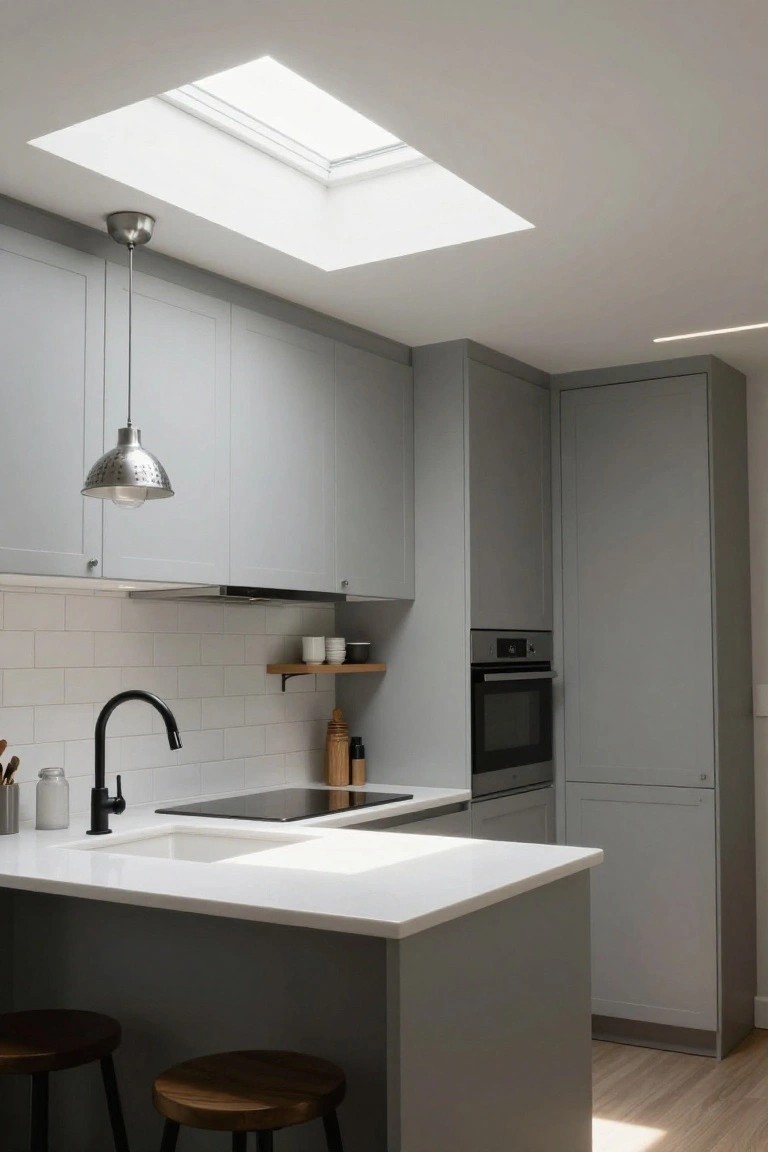 Modern small kitchen featuring gray cabinets, white countertops and island, black faucet, built-in oven, skylight in the ceiling, pendant light, wooden stools, and oak wood accents on light wood floors.