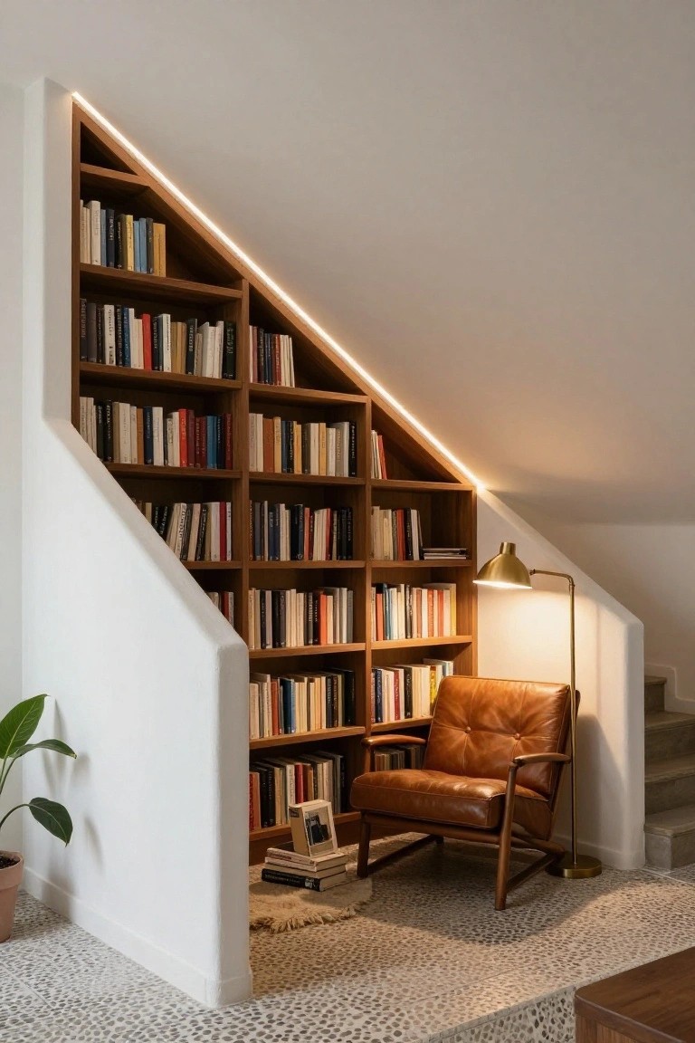 Staircase with wooden built-in bookshelves integrated into the sloped white wall and ceiling, LED strip lighting along the top edge, tan leather armchair with brass lamp and stacked books at the base, potted plant nearby, on a pebble stone floor.