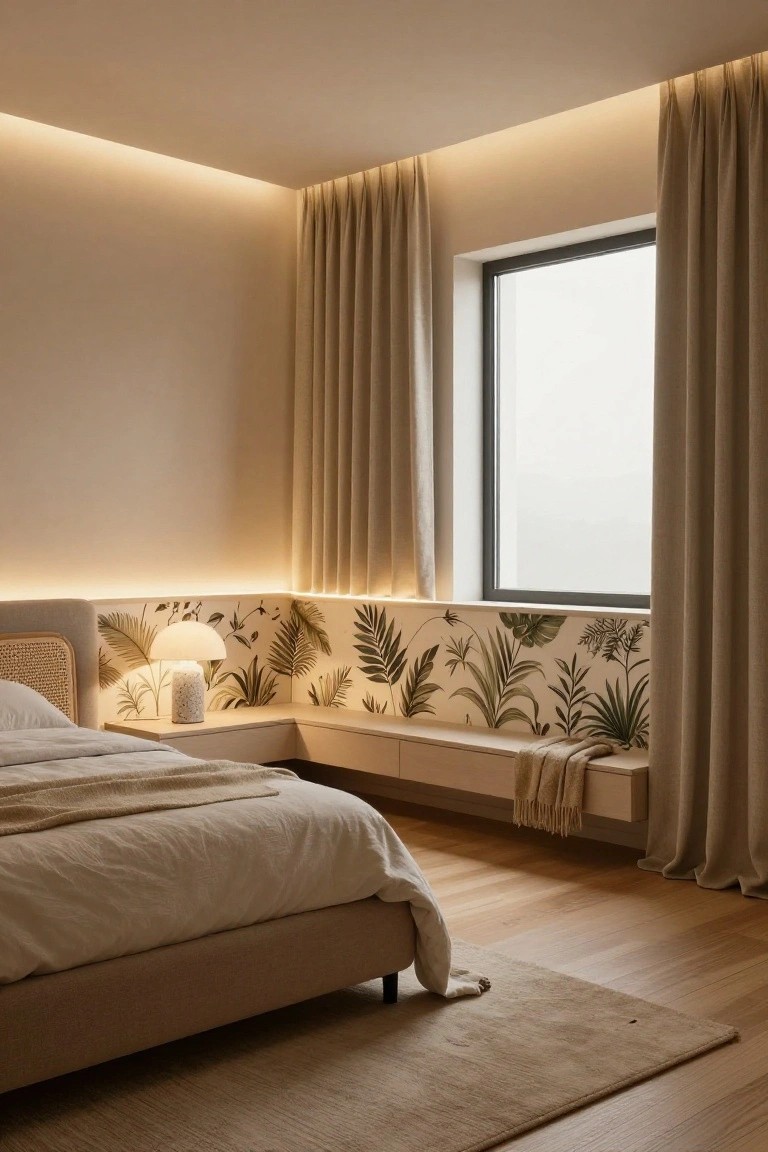 Cozy bedroom with platform bed draped in white linens, built-in corner bench with green leaf wallpaper, large window covered in beige curtains, oak wood floors, and recessed warm LED strip lights along the ceiling coves and baseboards.