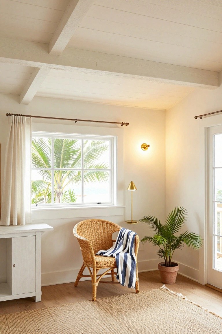 Corner of a light interior room with exposed whitewashed wooden ceiling beams, rattan armchair draped with blue and white striped throw, white console table, gold cone lamp, potted palm plant, and windows overlooking palm trees and ocean.
