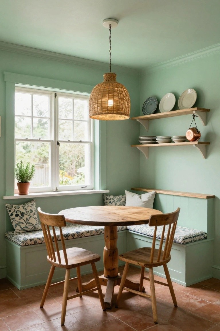 Corner booth dining area in a pale green kitchen with built-in benches, round wooden table, two wooden chairs, woven pendant light hanging above, wooden shelves holding white plates and copper pot, potted rosemary plant on windowsill, and double-hung window overlooking greenery on terracotta tile floor.