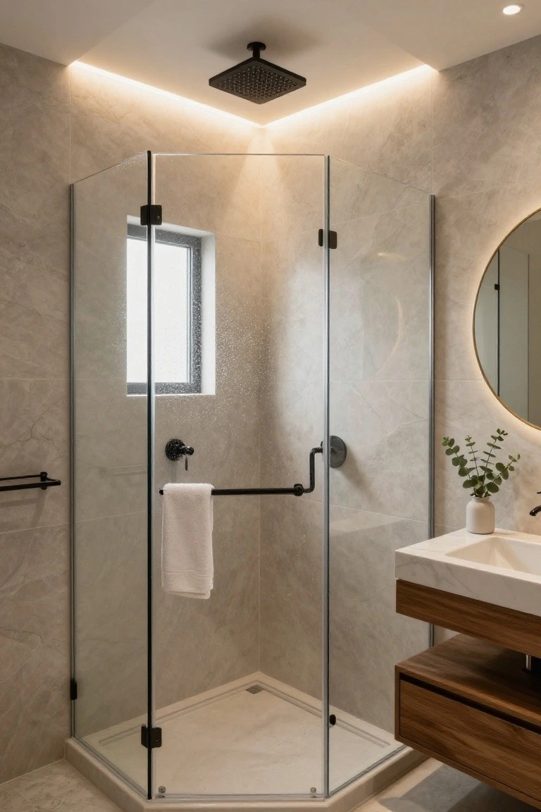 Corner shower enclosure with glass panels and black rain showerhead in a gray-tiled bathroom featuring LED strip lighting along the ceiling perimeter, white floating vanity, round mirror, and potted eucalyptus.