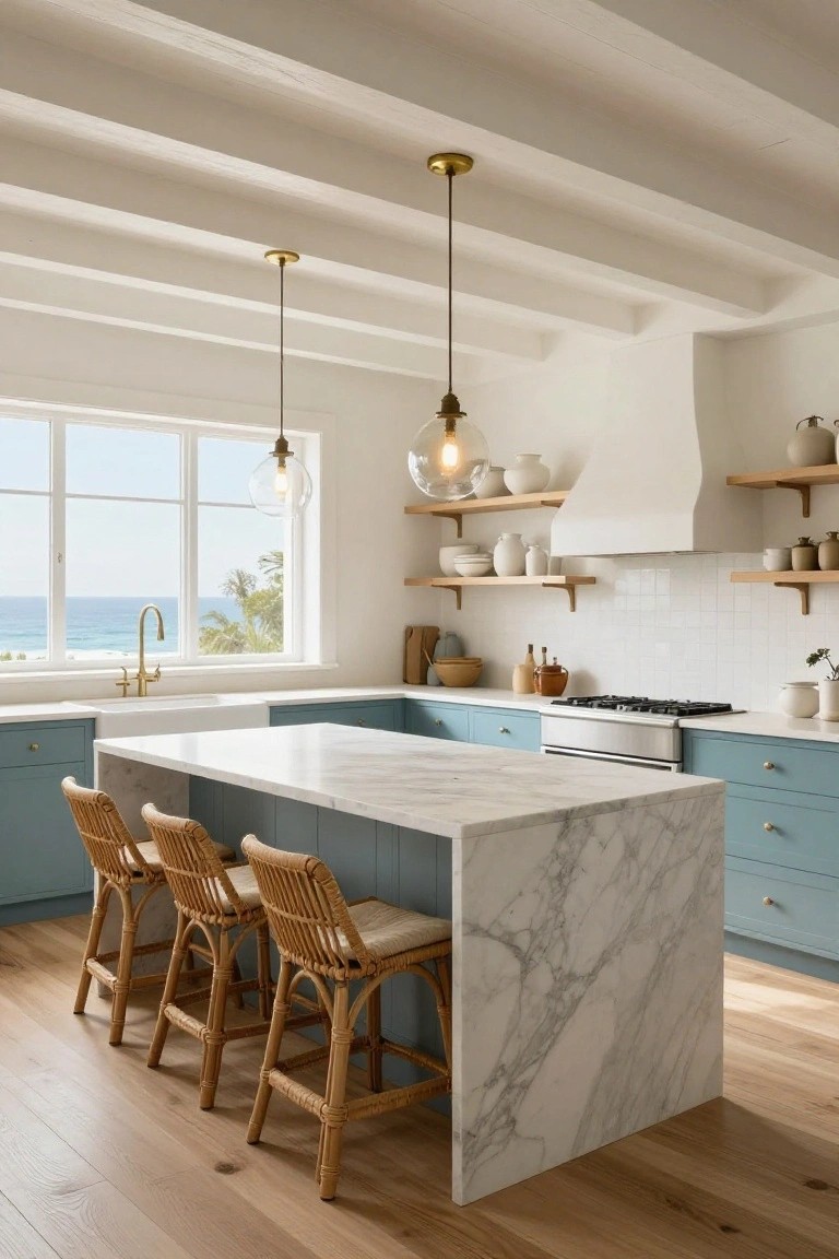 Modern coastal kitchen with marble island, rattan stools, and ocean view.
