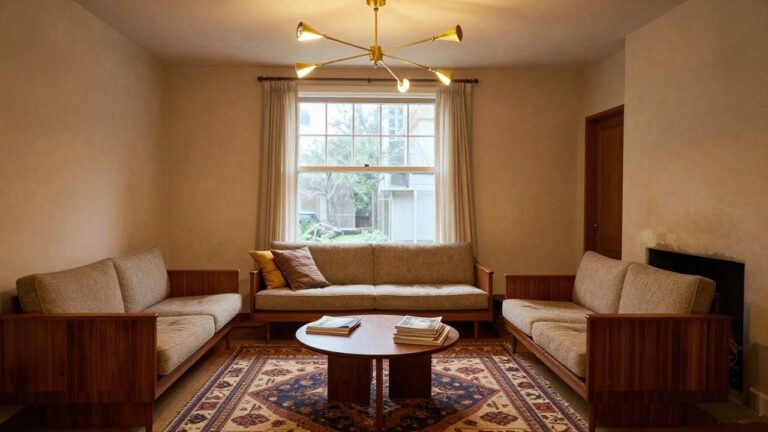 22 Beautiful Ceiling Lamps Ideas For Easy Upgrades A living room interior with a brass multi-arm chandelier, beige sofa, round wooden coffee table stacked with magazines, wooden slatted credenza, Persian-style rug, and a large window with sheer curtains.