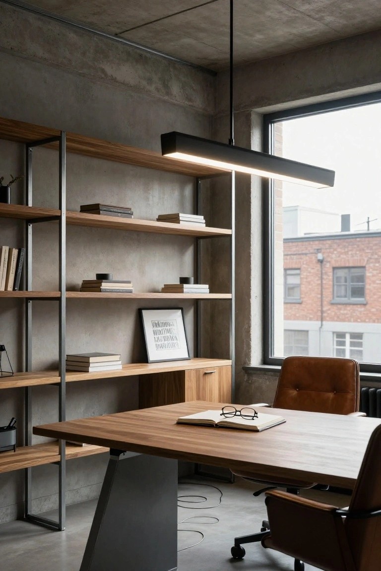 Modern office room with exposed concrete ceiling and walls, wooden bookshelves filled with books, large wooden desk with open notebook and eyeglasses, brown leather swivel chair, and long black rectangular ceiling lamp hanging above the desk next to a large window.