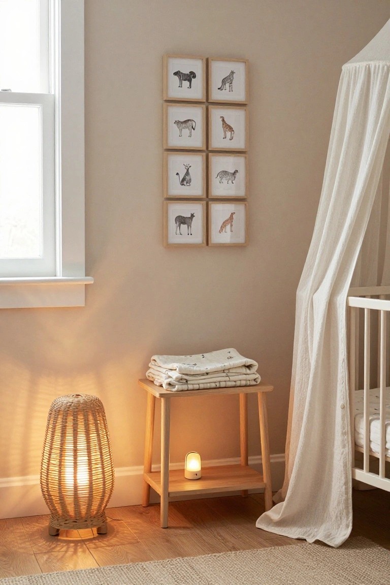 Nursery corner with beige walls, a white crib draped in sheer canopy, grid of nine framed animal ink drawings, wooden side table holding folded white blankets and a small lit candle lamp, rattan floor lamp glowing warmly nearby, and light wood floors with a rug.
