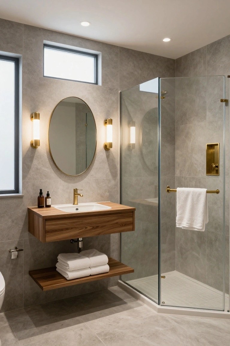 Small modern bathroom with light gray tile walls and floor, floating wooden vanity and sink with gold faucet, large round gold mirror flanked by two gold cylinder sconces, glass shower enclosure, white towel rack, and white toilet.