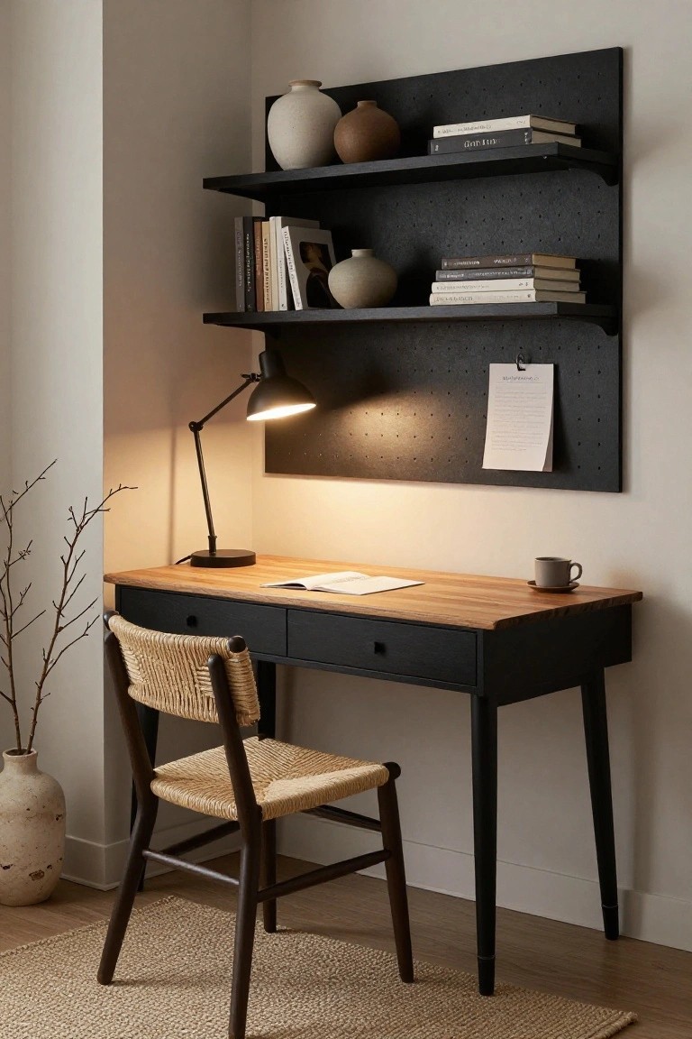 Corner indoor workspace with black pegboard wall shelves holding books, vases, and a pinned note, a light wood desk with open papers and coffee cup lit by a black adjustable desk lamp, rattan chair, and potted branches.