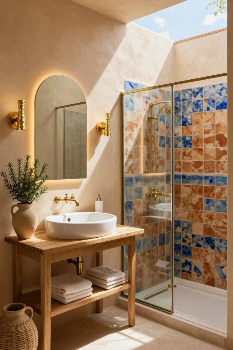 Bathroom interior featuring a backlit arched mirror flanked by gold sconces, wooden vanity with white sink and folded towels, potted rosemary plant, and glass shower with blue and terracotta tiles under a skylight.