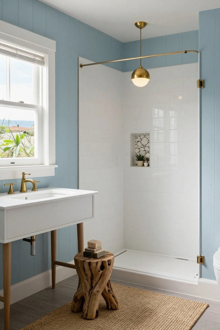 Light blue shiplap-walled bathroom with white subway tile shower enclosure, glass door on brass track, white wall-mount sink with brass faucet, wood stump stool with soap bars, beige woven rug, and two hanging brass globe pendant lights.