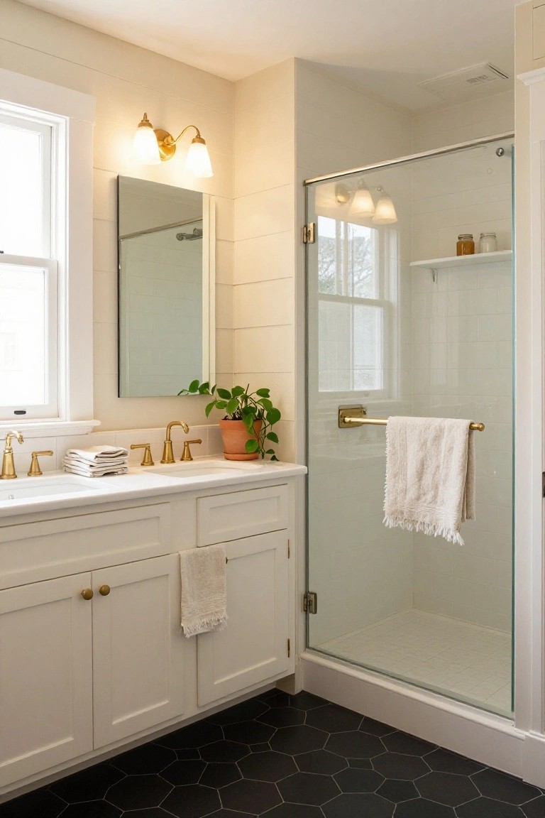 A bathroom with white shiplap walls, double white vanity with gold faucets and handles, large mirror, glass shower enclosure, plants on the counter, towels on rails and cabinet, brass sconce lights by the mirror, and black hexagon floor tiles.