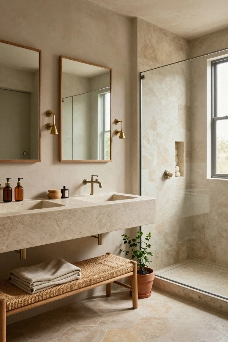 Beige-toned bathroom featuring double vessel sinks on a stone vanity, paired wooden-framed mirrors with brass swing-arm sconces, glass shower enclosure, rattan bench with towels, and potted plant.