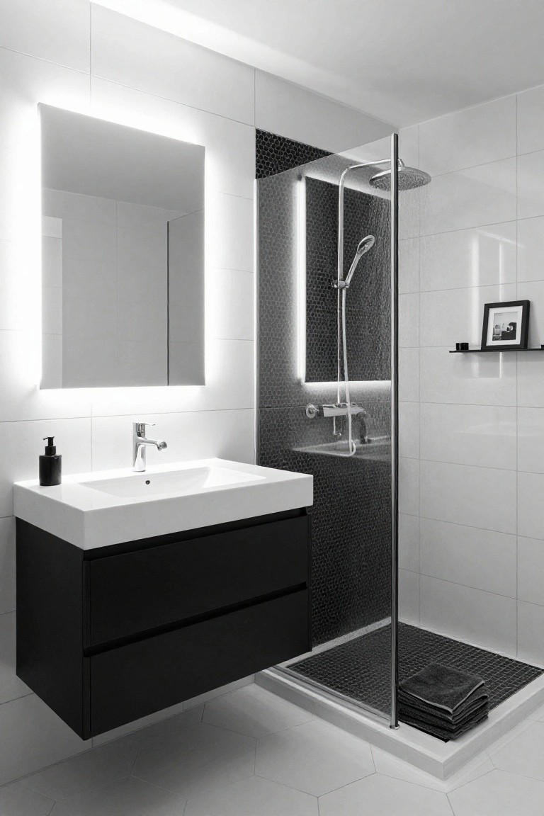 Modern black-and-white bathroom with frameless backlit mirror above floating black vanity and white sink, glass shower with backlit black mosaic tile niche and rainfall showerhead, white subway wall tiles, and gray towel on shower tray.