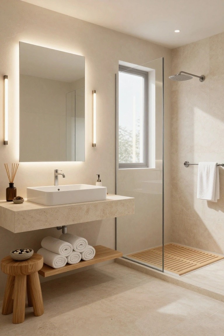 Modern bathroom in beige tones with backlit rectangular mirror flanked by two vertical wall-mounted light fixtures, floating white sink on stone vanity, glass shower enclosure with teak mat, wooden stool holding towels, and reed diffuser on counter.