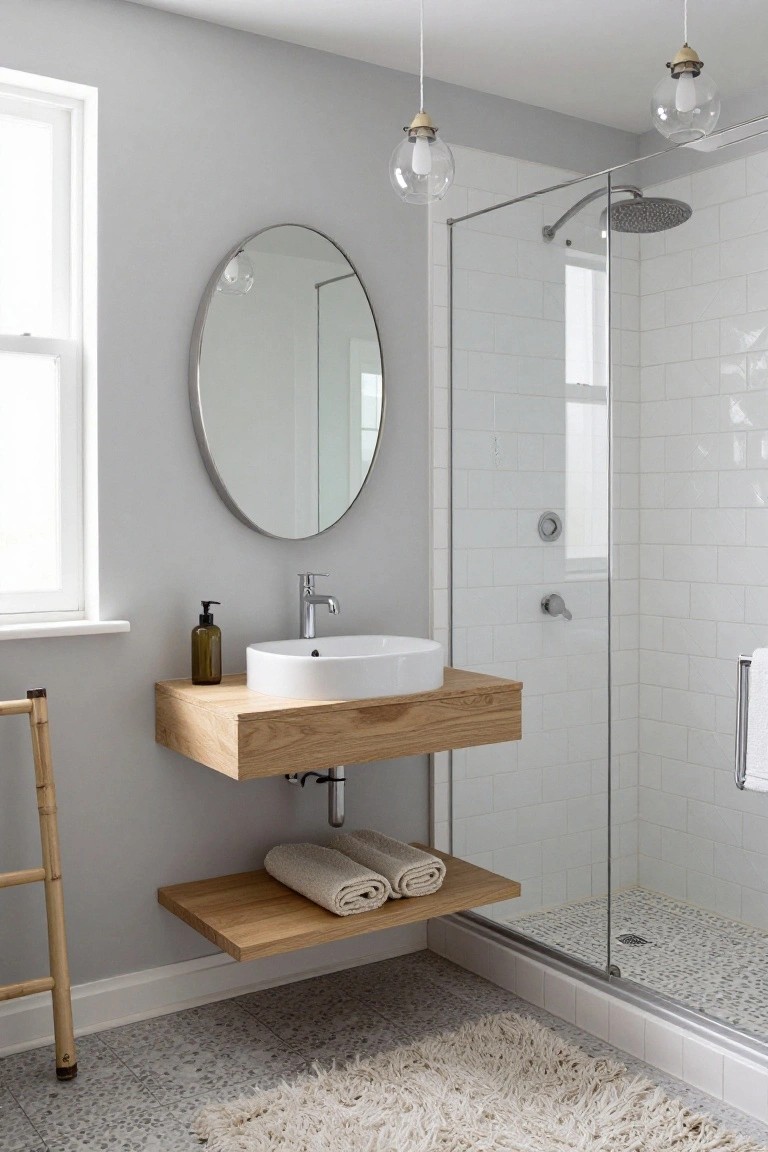 Minimalist bathroom with light gray walls, floating oak vanity and shelf with white sink, round metal mirror, glass shower enclosure with white tiles and pebble floor, bamboo ladder, and two hanging clear glass globe pendant lights with exposed bulbs over the vanity.