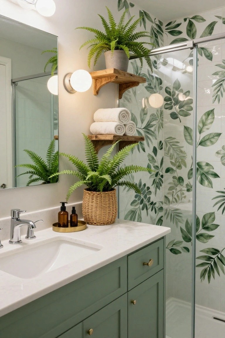 Bathroom vanity with sage green cabinets, white sink, gold trays of bottles, potted ferns, stacked white towels on wooden shelves, leaf-patterned shower enclosure, and white globe wall lights beside a large frameless mirror.