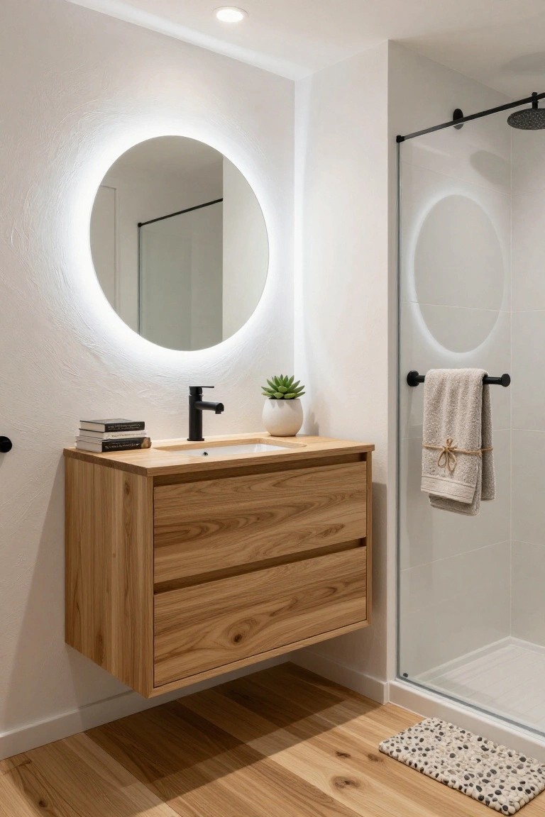 Modern bathroom with white textured walls, floating oak wood vanity with two drawers and white sink, black faucet, round mirror with LED edge lighting, potted succulent, glass shower enclosure with black rain showerhead, towel bar with beige towels, and pebble bath mat on oak wood floor.
