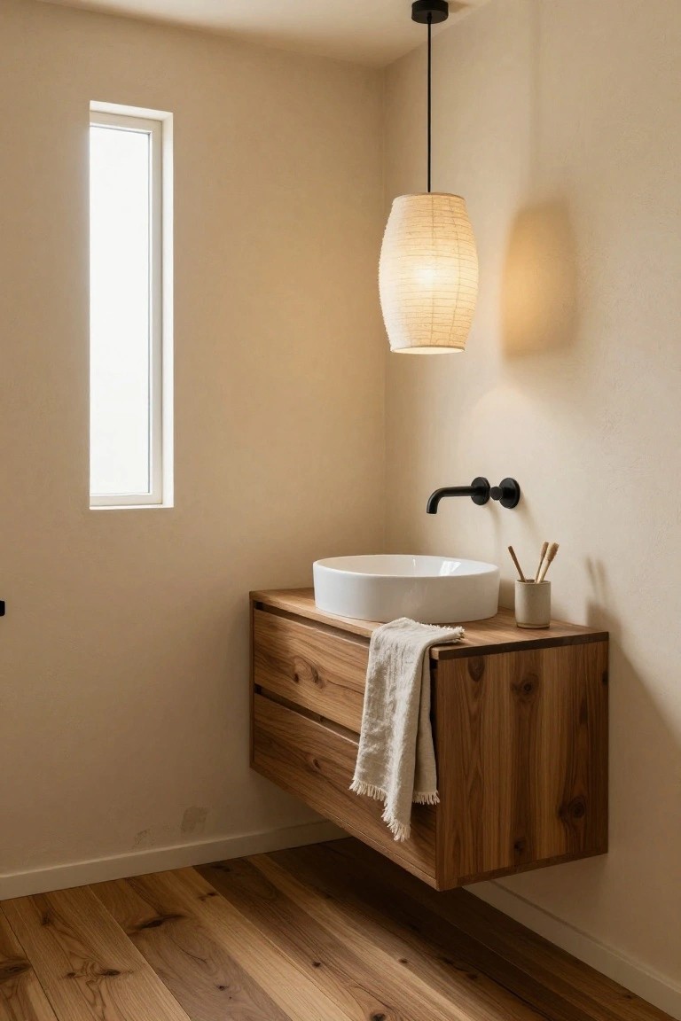 Minimalist bathroom corner featuring a white vessel sink on a wooden floating vanity with a draped towel, black wall faucet, hanging rice paper lantern pendant light, small window, beige walls, and light wood floors.