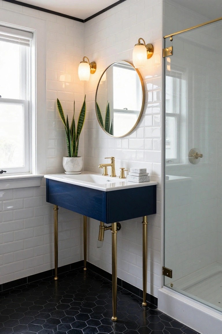 White subway tile bathroom featuring a navy blue vanity on gold legs, round gold-framed mirror flanked by two gold wall sconces with white glass shades, potted snake plant, and glass shower enclosure on black hexagonal floor tiles.