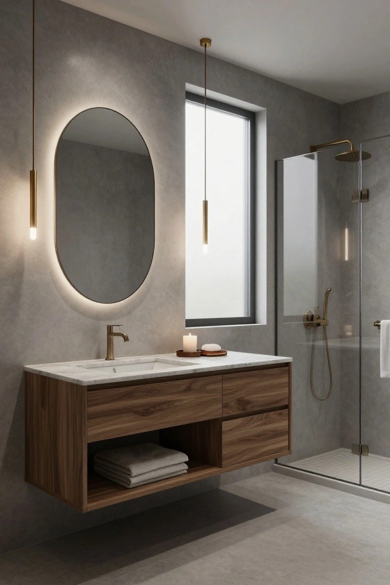 Modern bathroom interior featuring a floating walnut vanity with white marble sink, oval backlit mirror, two slim gold pendant lights, glass shower enclosure, folded towels, and gray textured walls.