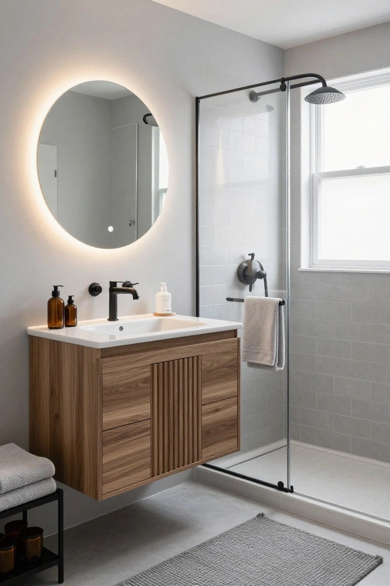 Modern bathroom featuring a floating wooden vanity with black faucet, round mirror with LED backlight edge, glass shower enclosure with black frame, gray subway tile walls, and a small woven rug on the floor.