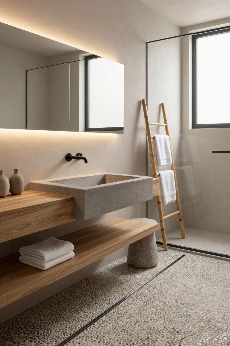 Modern minimalist bathroom featuring a concrete vessel sink on a wooden vanity, backlit mirror with LED strips, bamboo towel ladder, pebble tile floor, and glass shower enclosure.