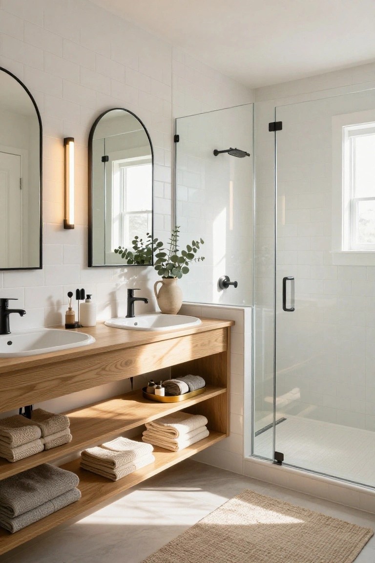 Modern bathroom with oak double vanity, two white sinks, black arched mirrors lit by tall vertical wall sconces, glass shower enclosure, white subway tile walls, potted eucalyptus, and folded towels on open shelves.