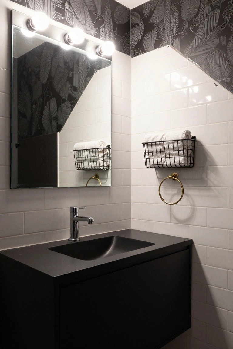 Corner bathroom with black floating vanity, undermount sink, chrome faucet, large frameless mirror lit by four overhead round bulbs, white subway tile walls, black wire basket holding white towels, gold towel ring, and dark leaf-patterned wallpaper on upper walls.
