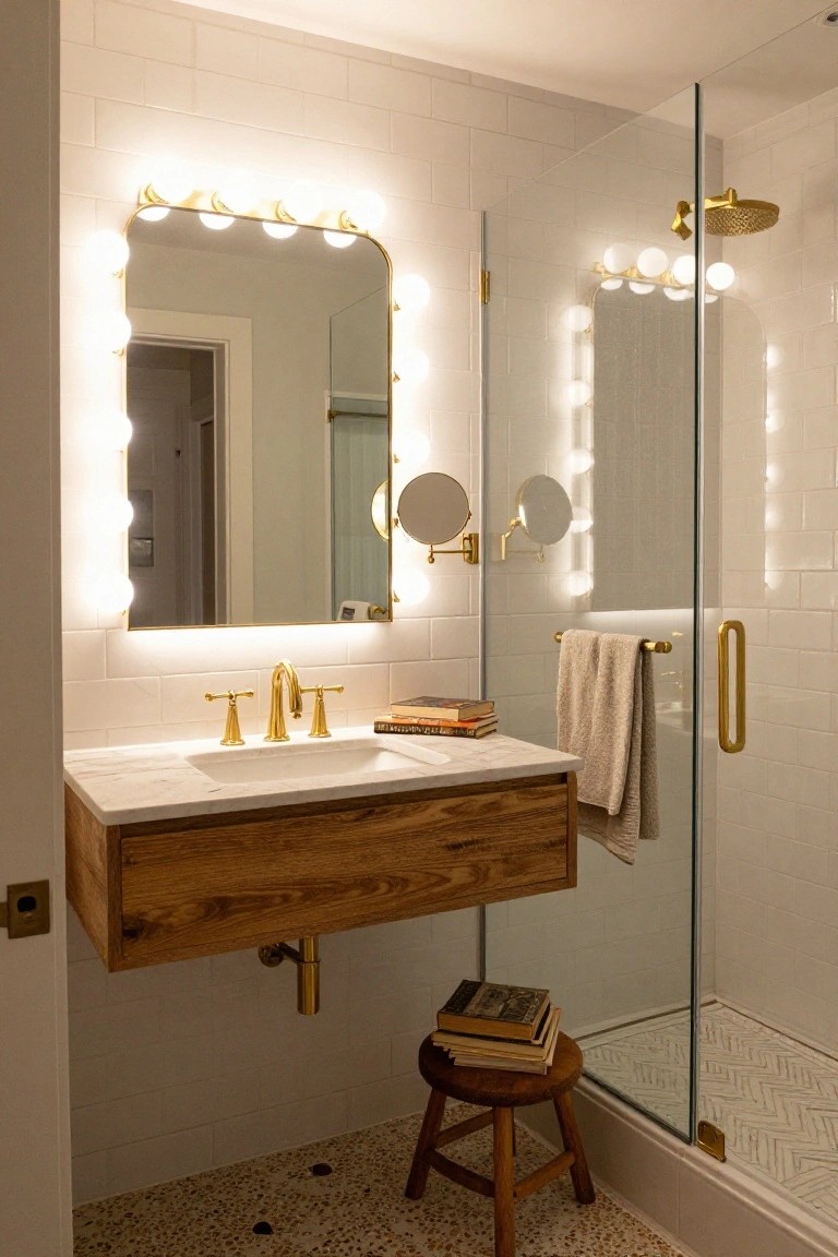 Bathroom with floating wooden vanity, white marble sink, gold faucet, oval mirror surrounded by rows of lit white bulbs, side mirrors, towel bar, and glass shower enclosure on white subway tile walls and terrazzo-look floor.
