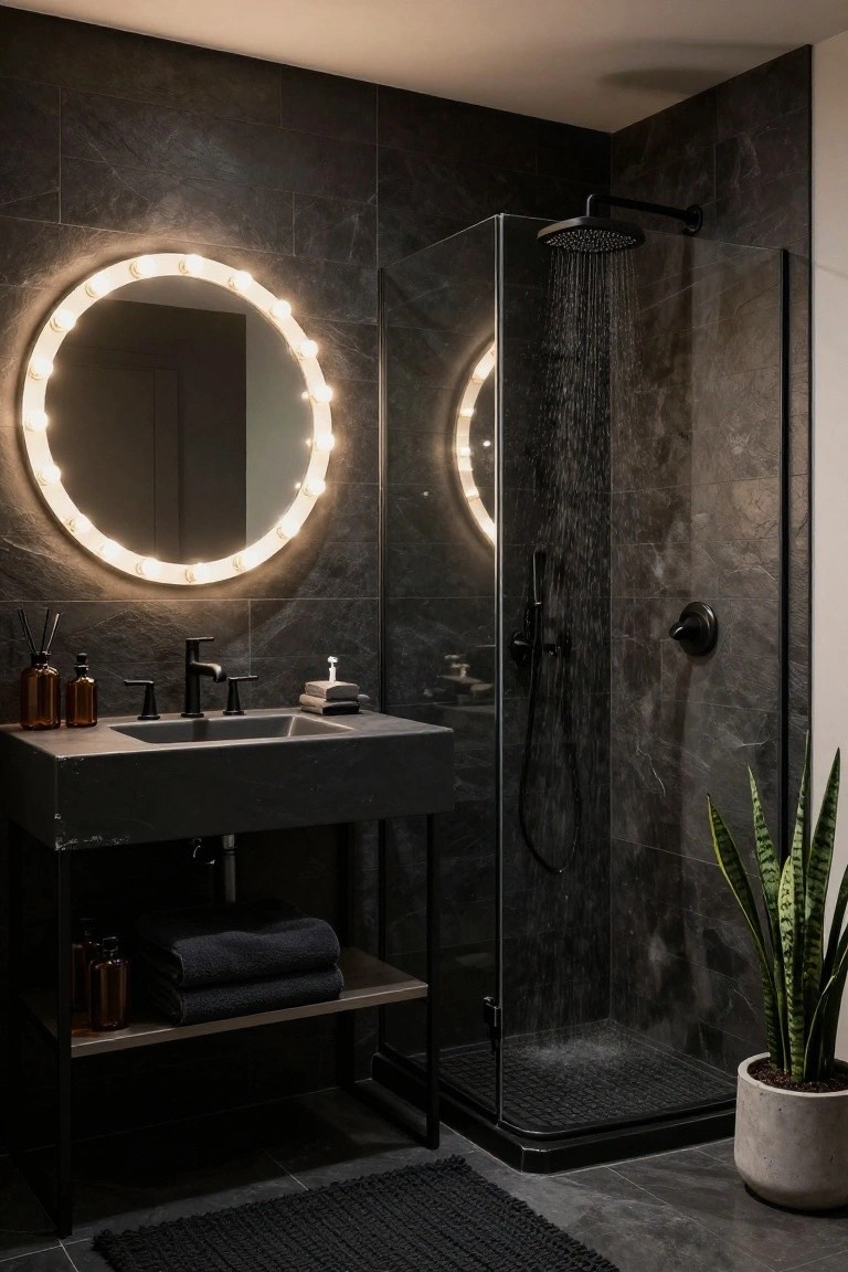 Dark slate-tiled bathroom with round mirror edged in white LED bulbs, black matte sink vanity, glass shower enclosure running water, black towel rack, and potted snake plant on concrete floor.