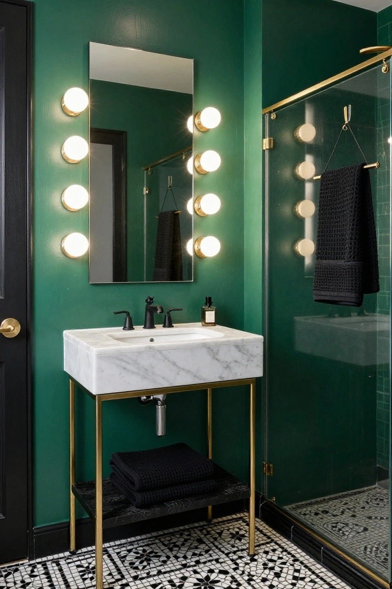 Emerald green bathroom featuring a large rectangular mirror surrounded by multiple round white bulb lights, white marble vanity on gold metal legs with black towels underneath, black faucet, glass shower enclosure with gold frame, and black-and-white patterned floor tiles.